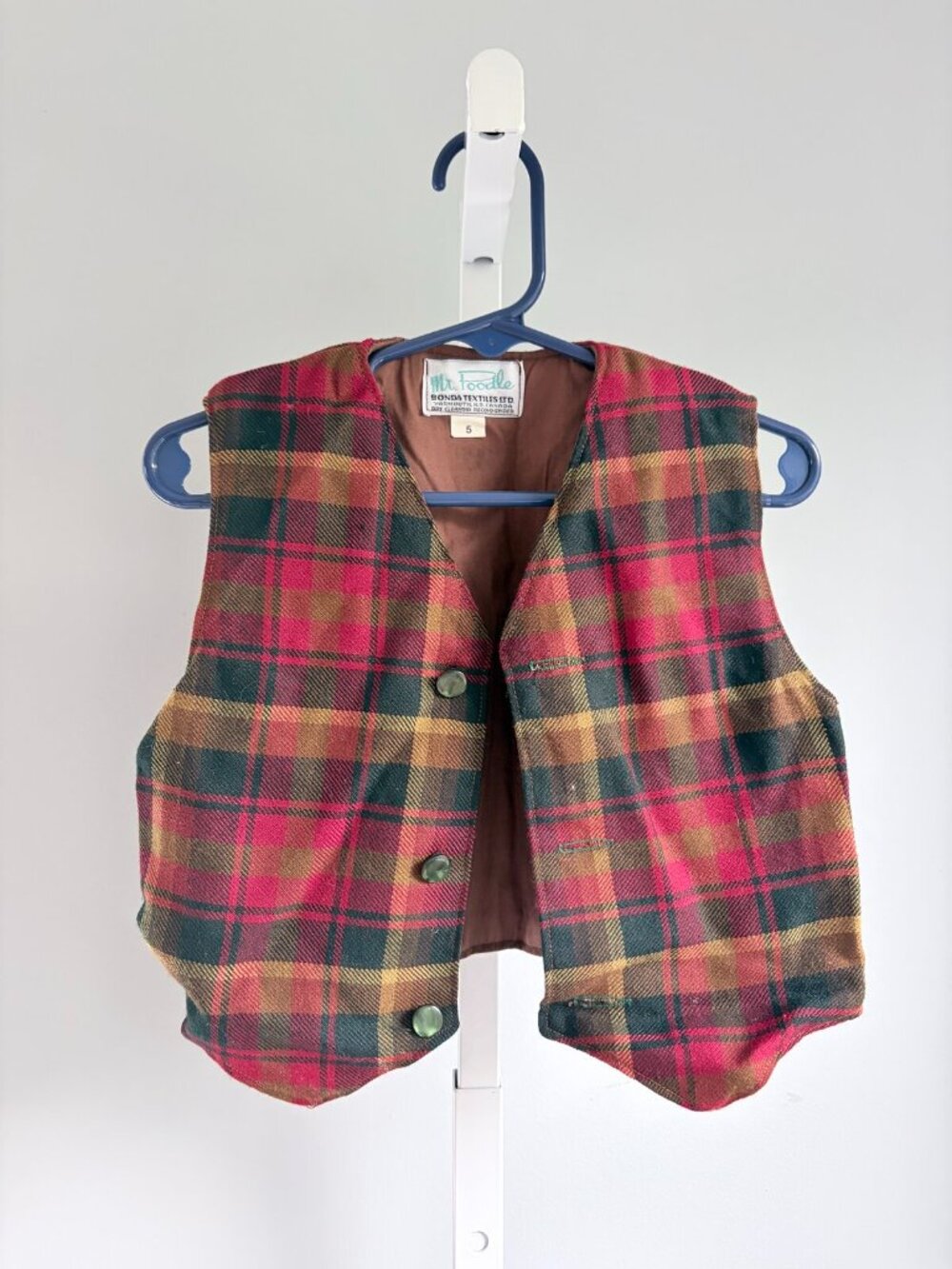 Vintage Mr Toodle Wool Plaid Vest Kids Sz 5 Red Green Tartan Fall Waistcoat - Picture 2 of 7